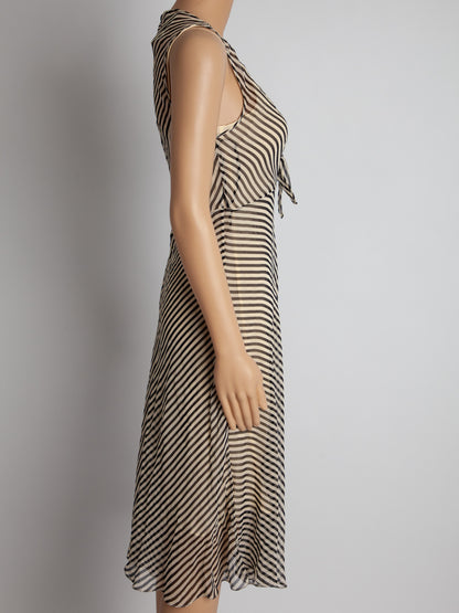 Excellent Ralph Lauren Striped Silk Dress M V-Neck Sleeveless