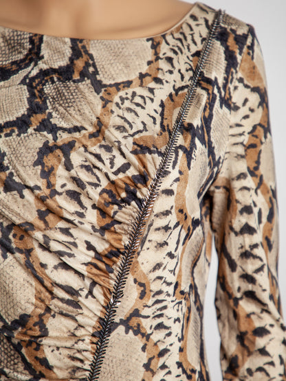 Excellent Blumarine Long-Sleeve Silk Dress Size L Snake Print