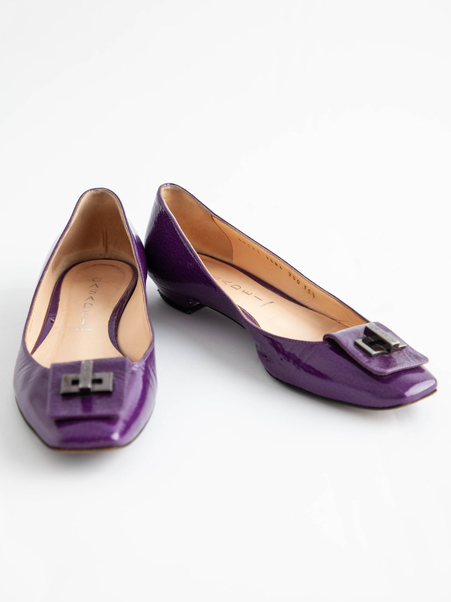 average casadei purple lacquer flats size 35.5 with metal buckle