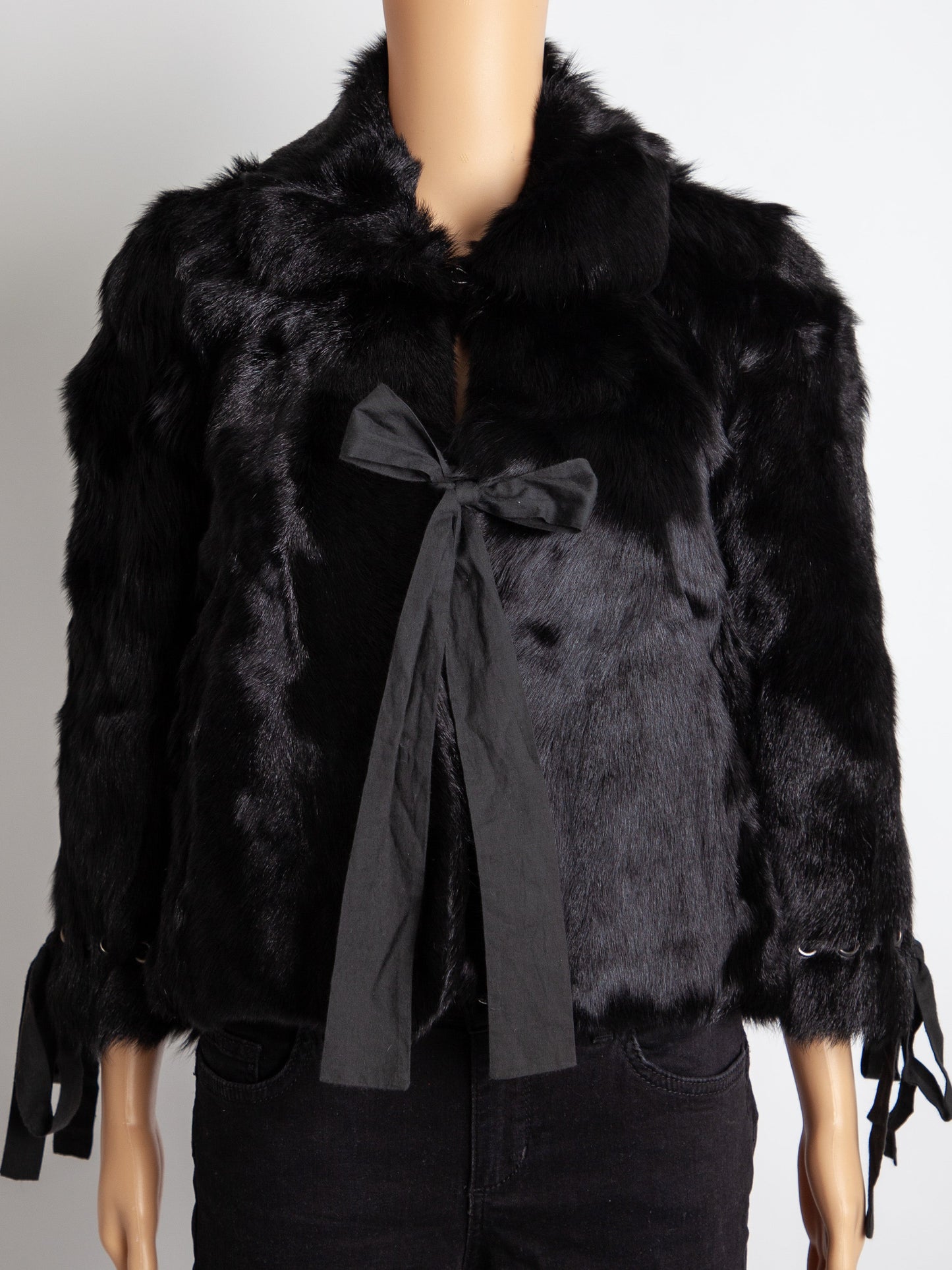 good red valentino black fur jacket size m with bow tie details