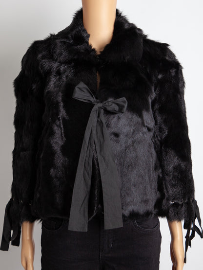 Good Red Valentino Black Fur Jacket Size M with Bow Tie Details