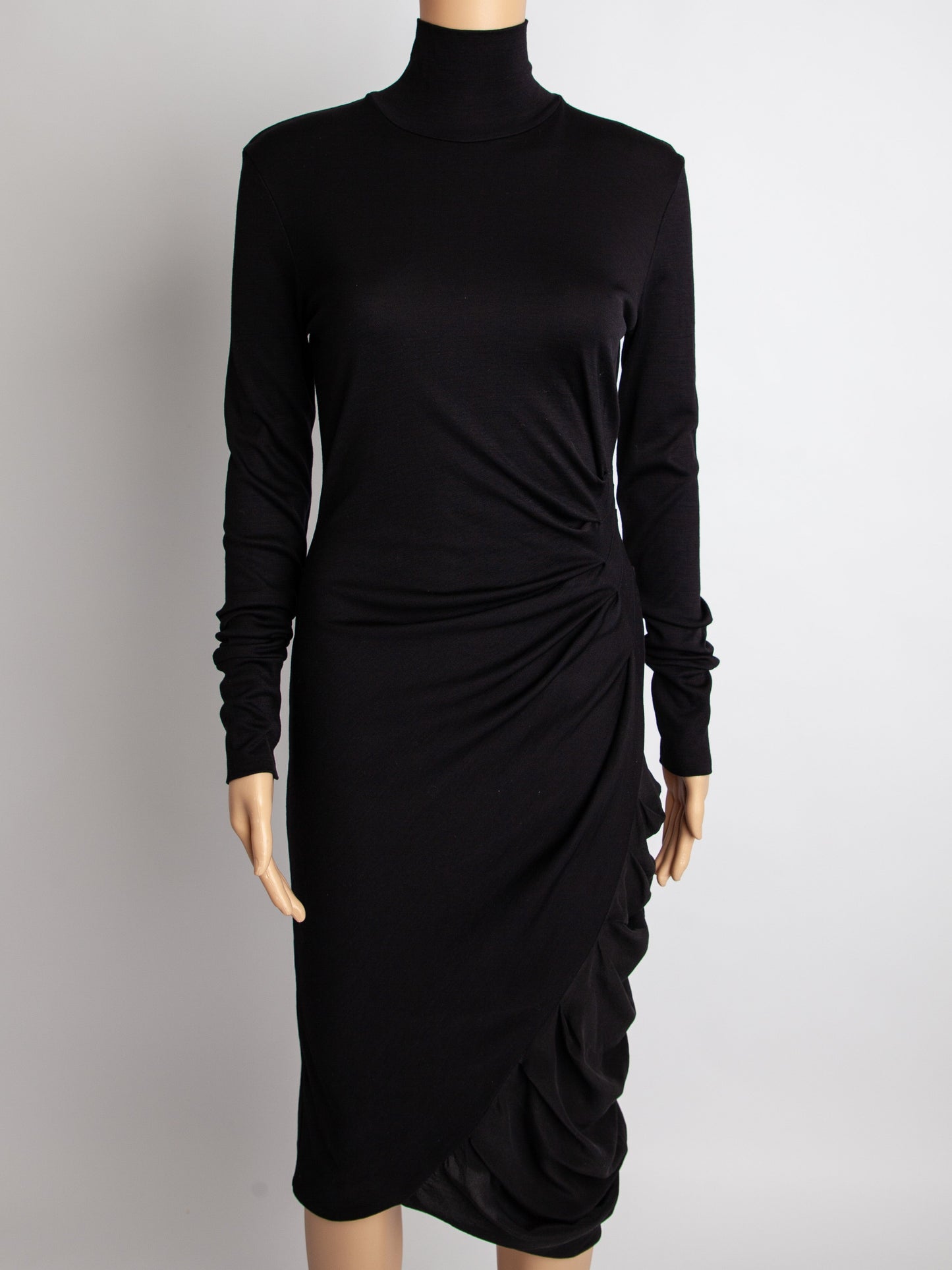 sportmax black silk long sleeve dress with draped skirt - excellent