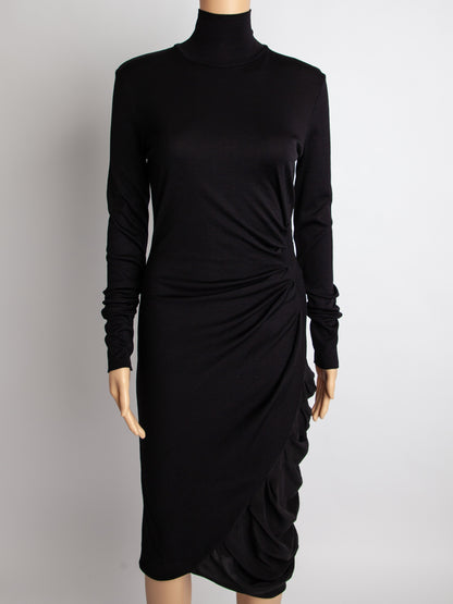 Sportmax Black Silk Long Sleeve Dress with Draped Skirt - Excellent