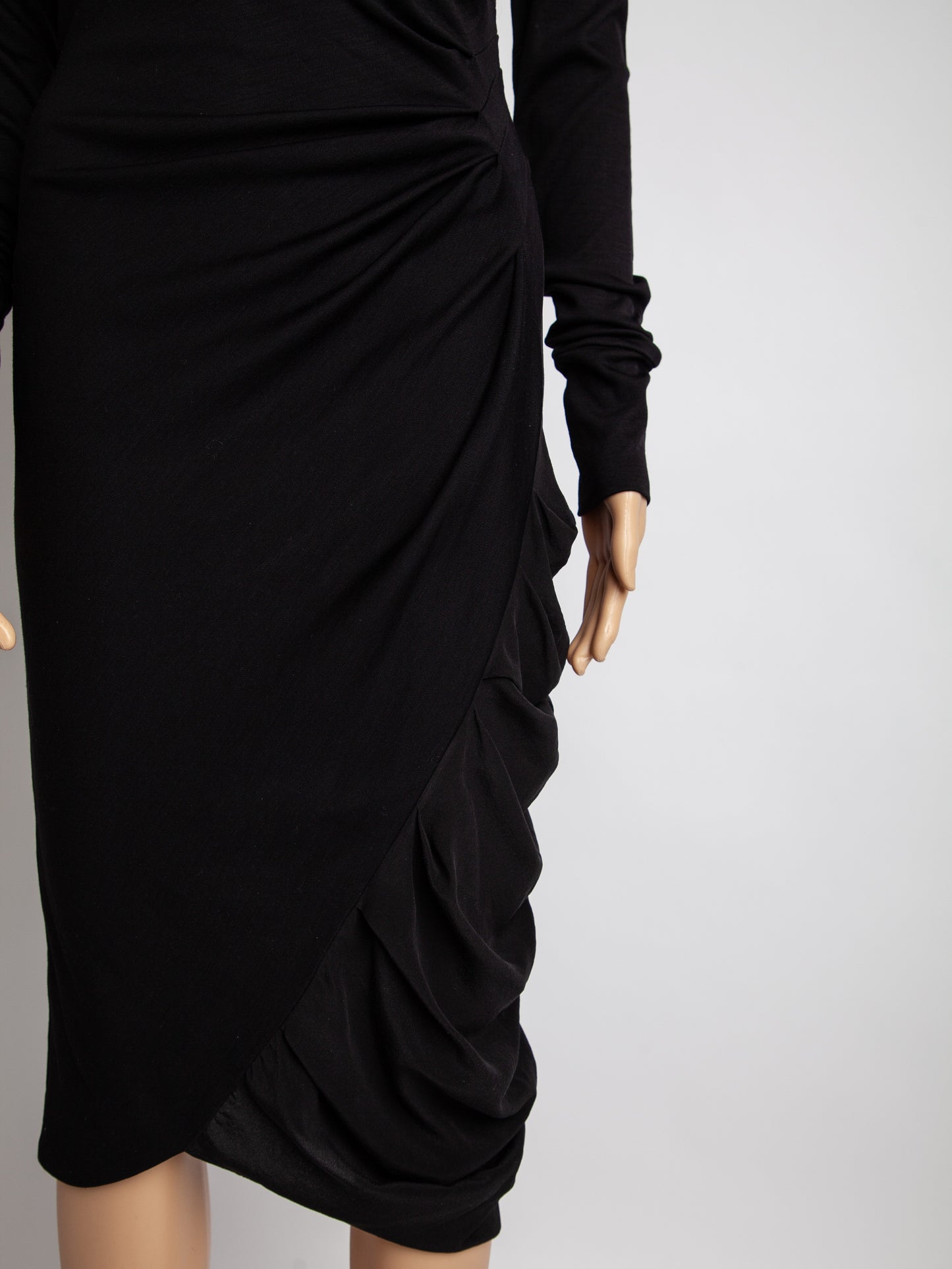 sportmax black silk long sleeve dress with draped skirt - excellent