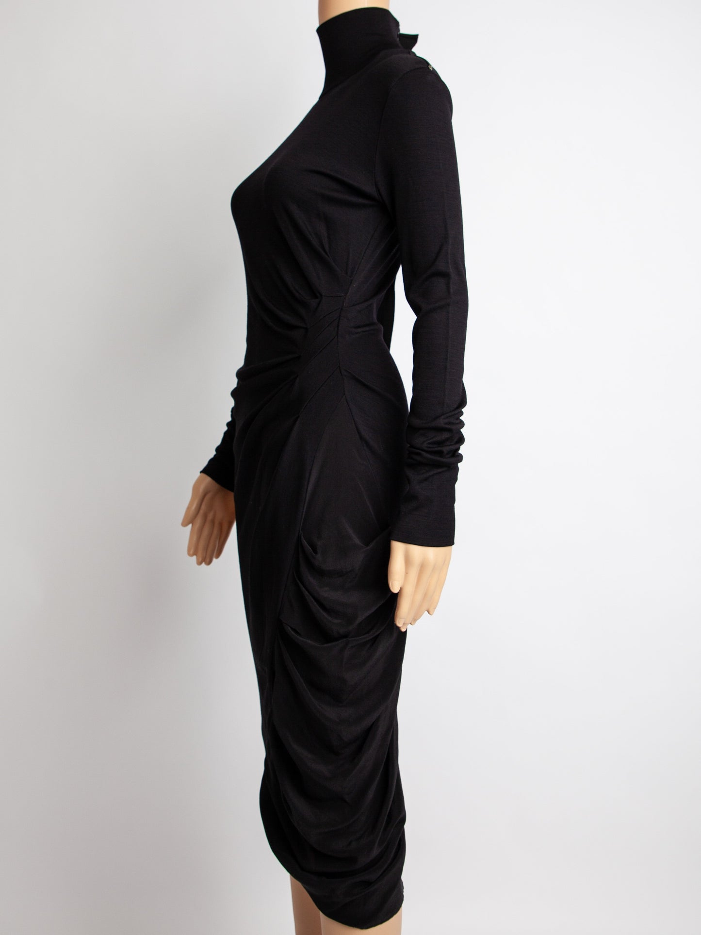 sportmax black silk long sleeve dress with draped skirt - excellent