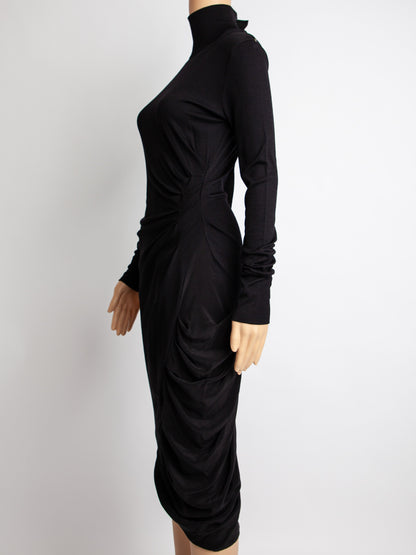 Sportmax Black Silk Long Sleeve Dress with Draped Skirt - Excellent