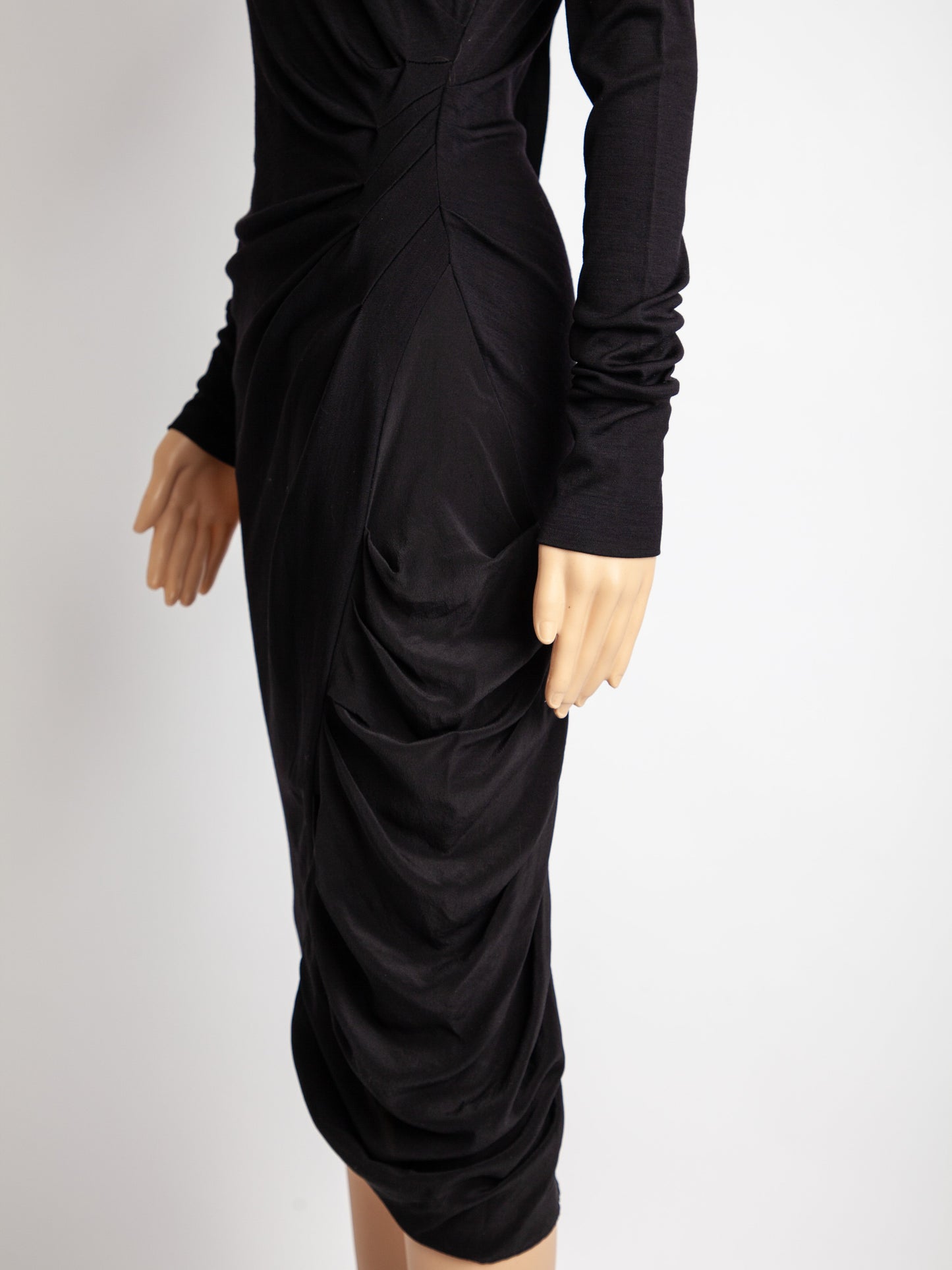 sportmax black silk long sleeve dress with draped skirt - excellent