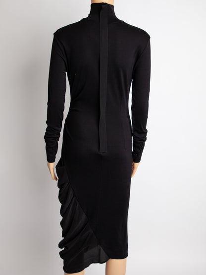 Sportmax Black Silk Long Sleeve Dress with Draped Skirt - Excellent