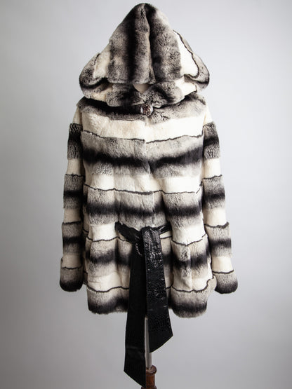 Good Cassie Gray Striped Fur Coat with Hood and Belt, Size XXS