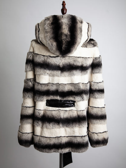 Good Cassie Gray Striped Fur Coat with Hood and Belt, Size XXS