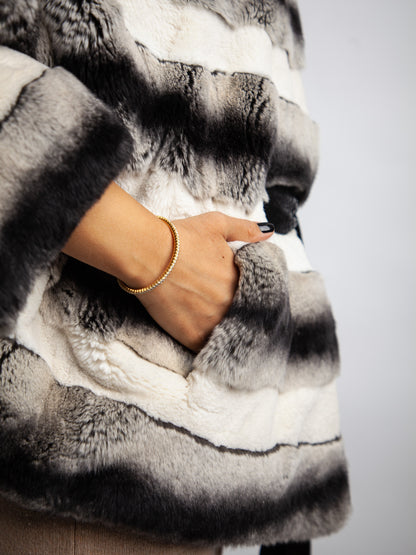 Good Cassie Gray Striped Fur Coat with Hood and Belt, Size XXS