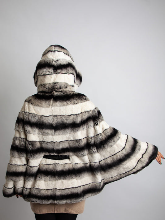 Good Cassie Gray Striped Fur Coat with Hood and Belt, Size XXS