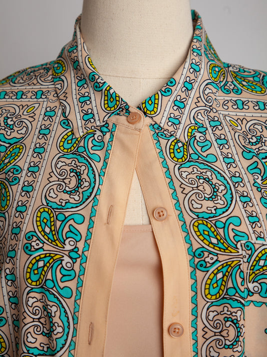 DKNY White Silk Long Shirt Dress Size M Paisley Pattern