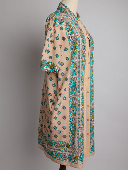 DKNY White Silk Long Shirt Dress Size M Paisley Pattern