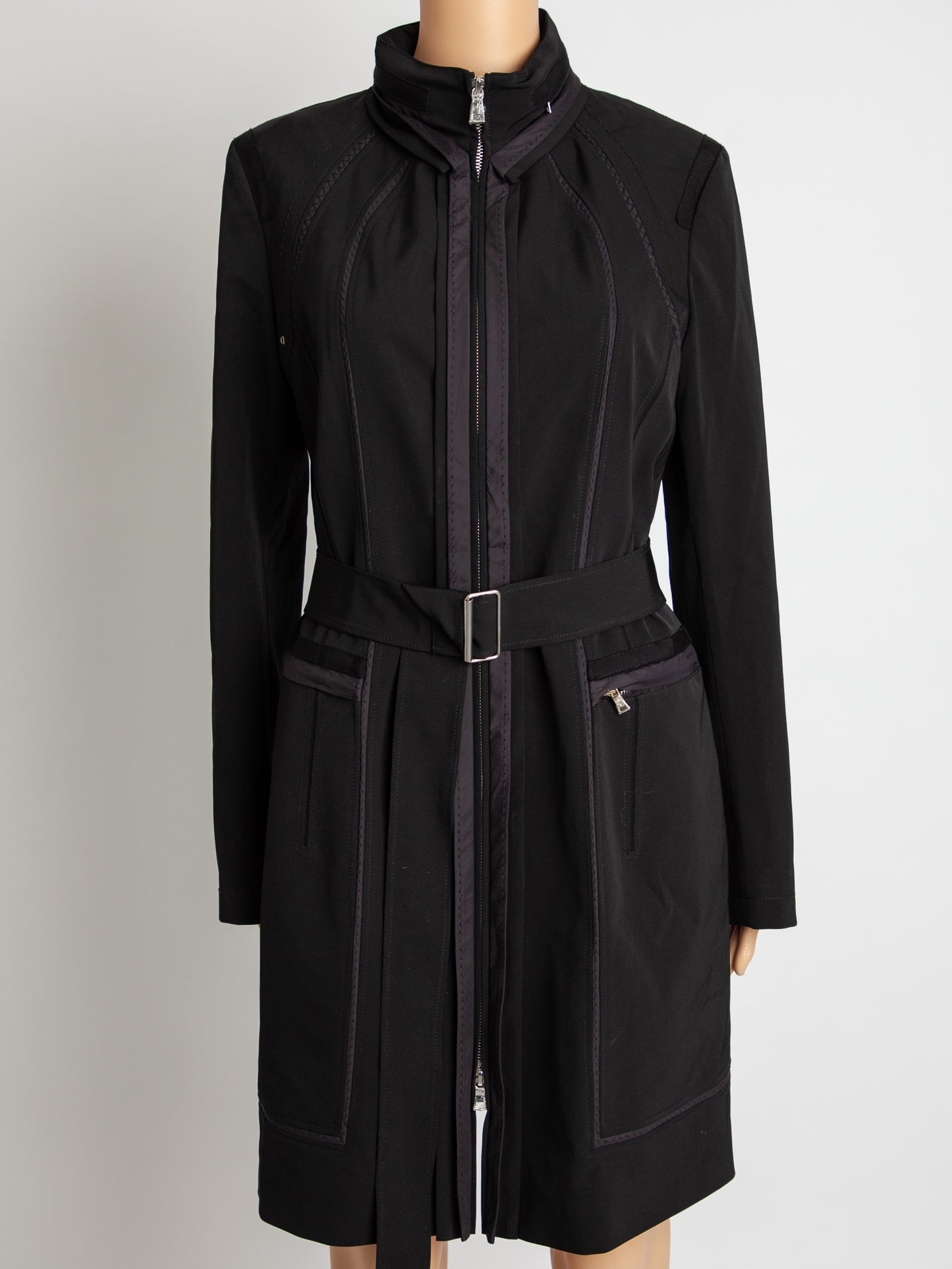 good elie tahari black polyester trench coat with belt women's size