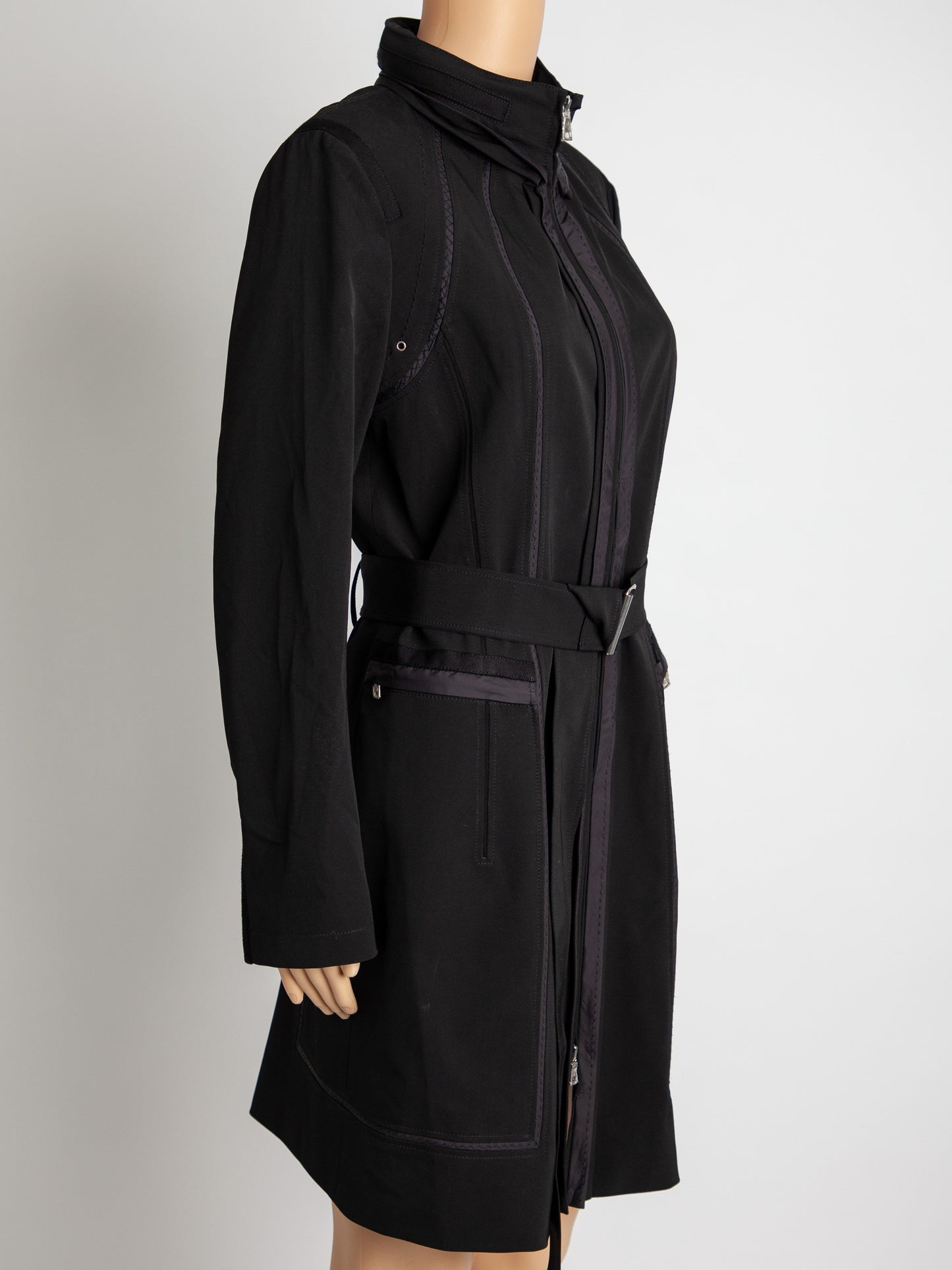 good elie tahari black polyester trench coat with belt women's size