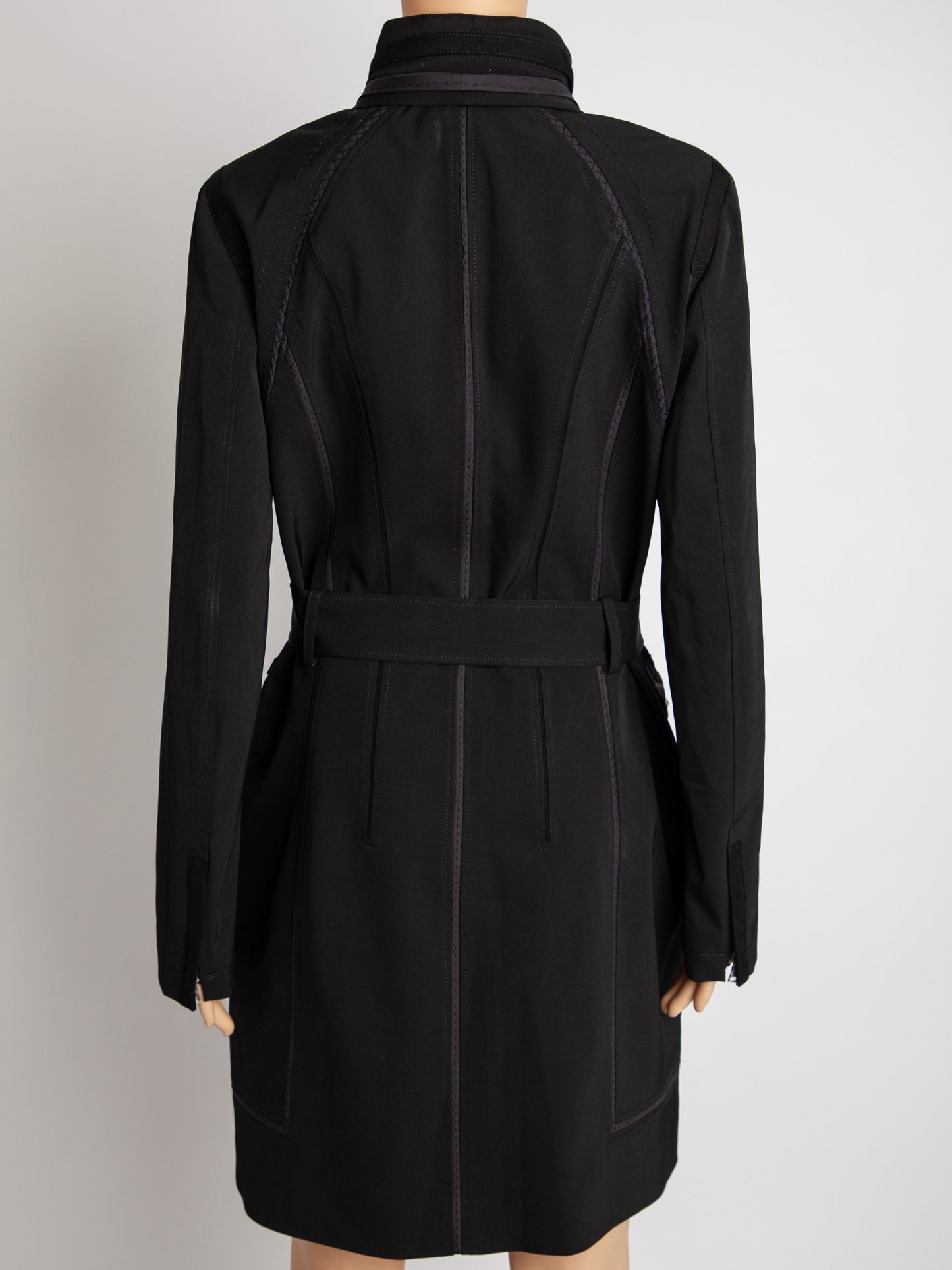 good elie tahari black polyester trench coat with belt women's size