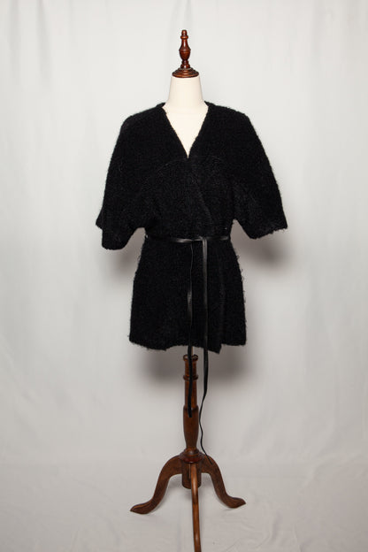 Good Yves Saint Laurent Black Textured Coat Belted Waist Women