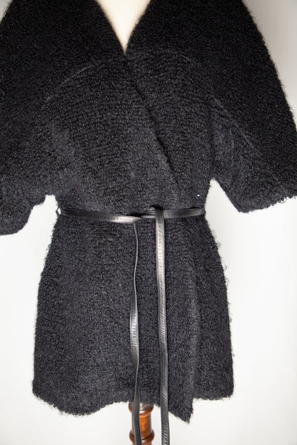 Good Yves Saint Laurent Black Textured Coat Belted Waist Women