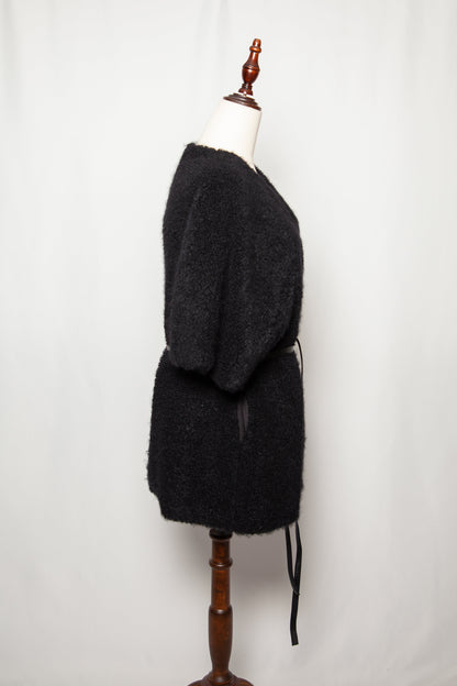 Good Yves Saint Laurent Black Textured Coat Belted Waist Women