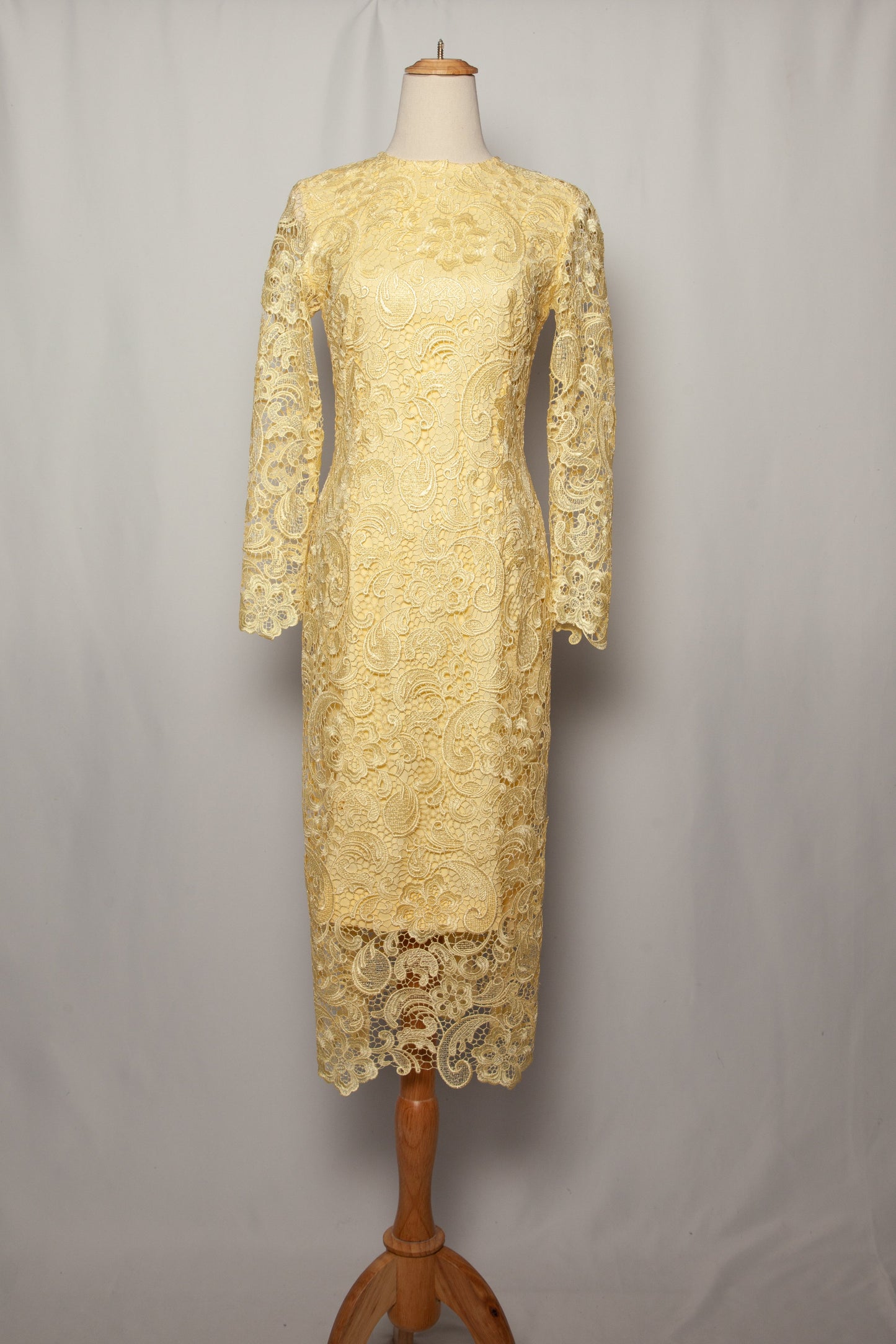 good slir yellow lace dress women size s long sleeve knee-length