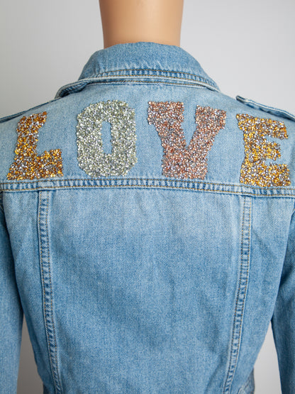 Good Guess Cropped Blue Denim Jacket Size S with 'LOVE' Detail