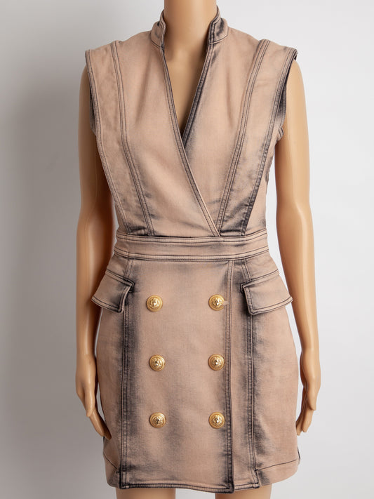 Balmain Pink Cotton Dress XS Excellent Condition with Gold Buttons