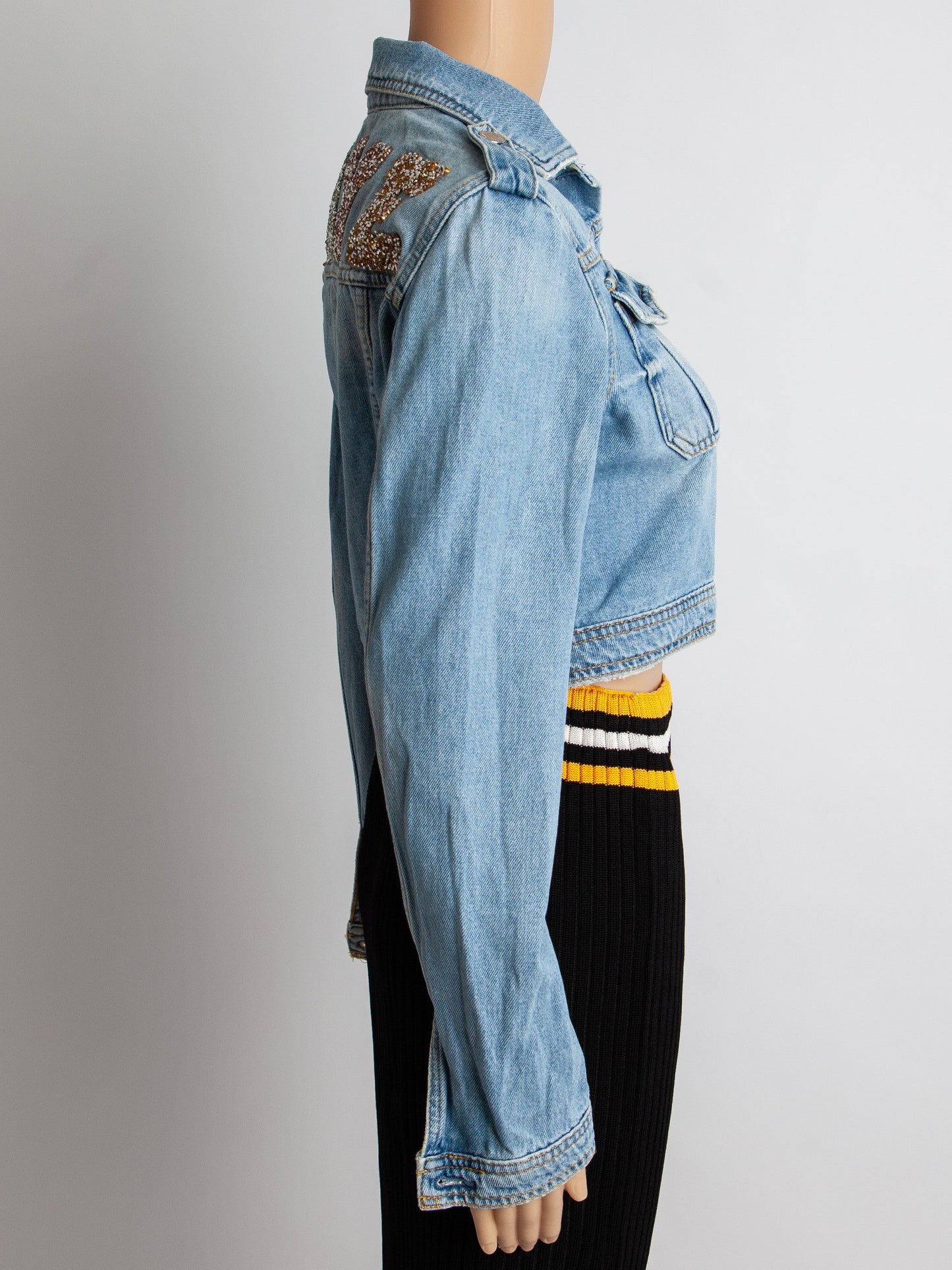 good guess cropped blue denim jacket size s with 'love' detail