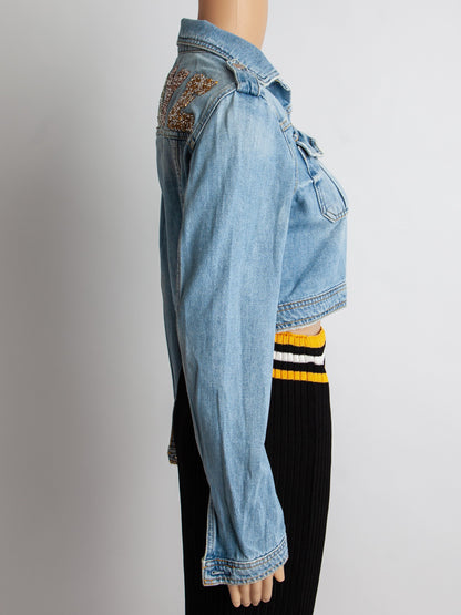 Good Guess Cropped Blue Denim Jacket Size S with 'LOVE' Detail
