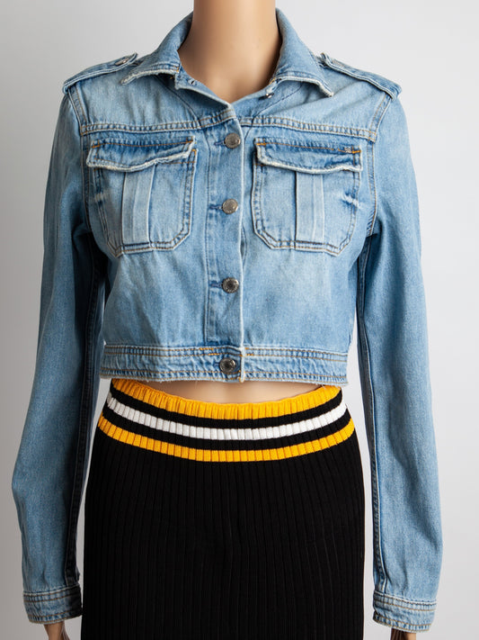 Good Guess Cropped Blue Denim Jacket Size S with 'LOVE' Detail