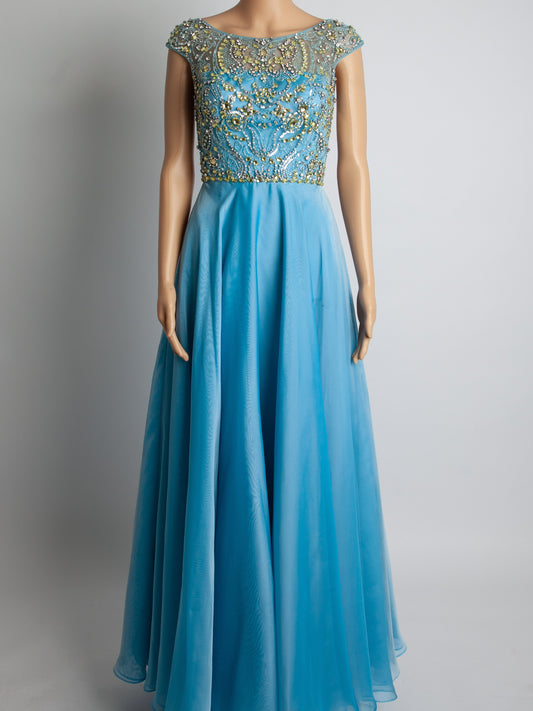 Good Sherri Hill Blue Gown XS Polyester with Beadwork & Cap Sleeves
