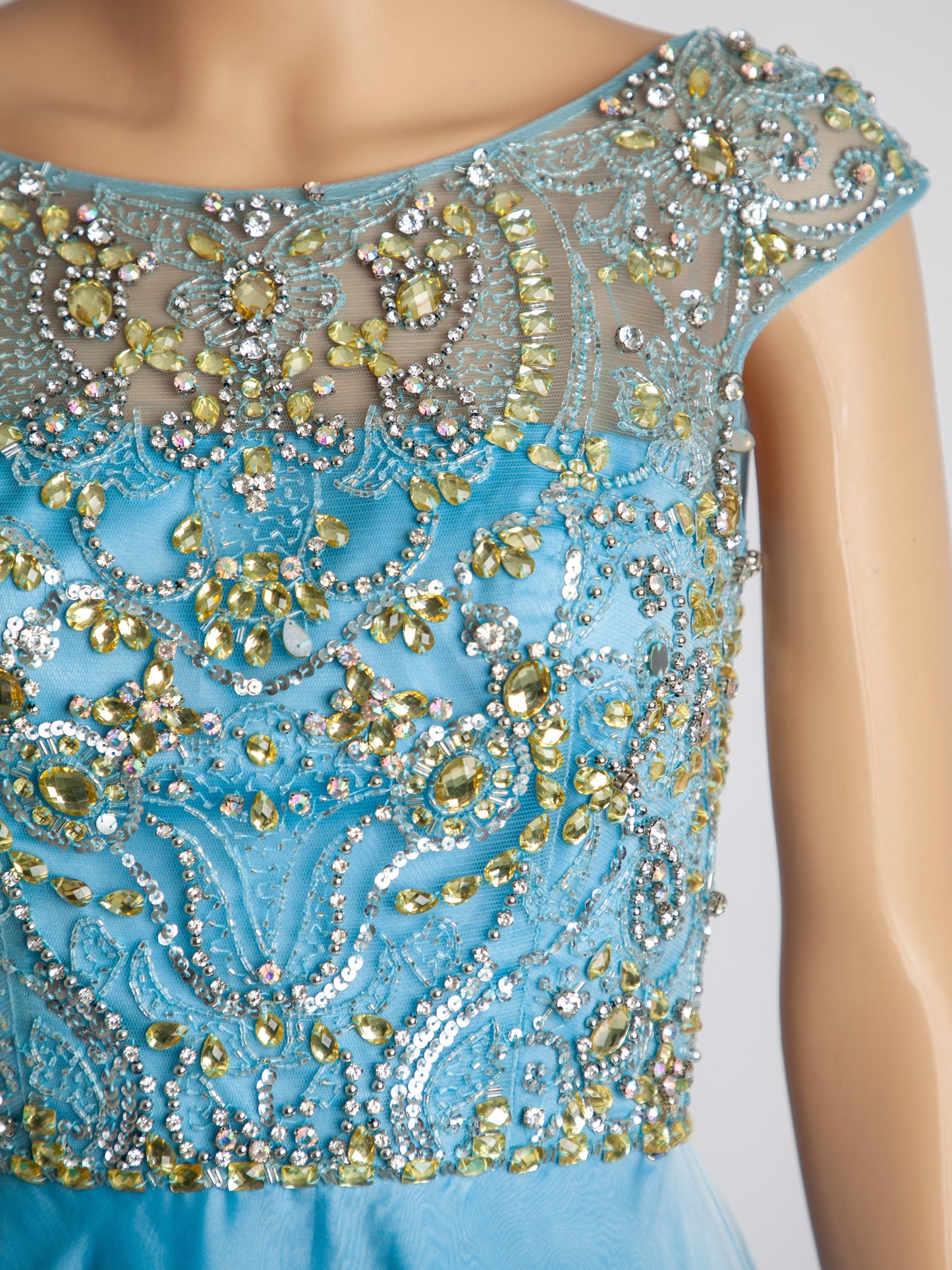 good sherri hill blue gown xs polyester with beadwork & cap sleeves