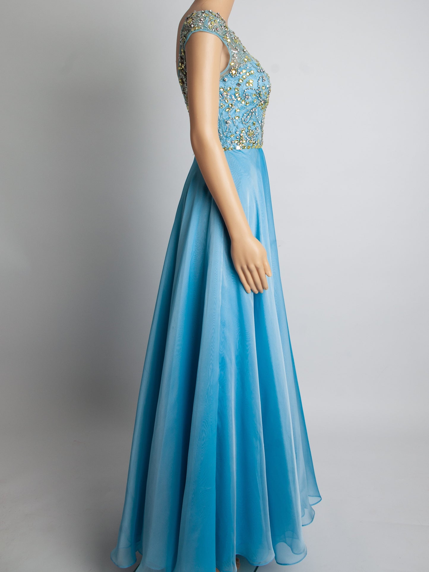 good sherri hill blue gown xs polyester with beadwork & cap sleeves