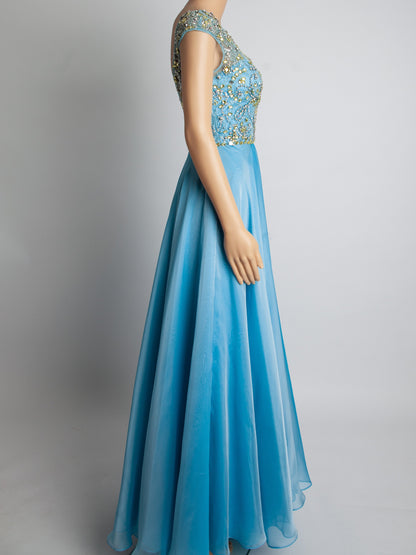 Good Sherri Hill Blue Gown XS Polyester with Beadwork & Cap Sleeves
