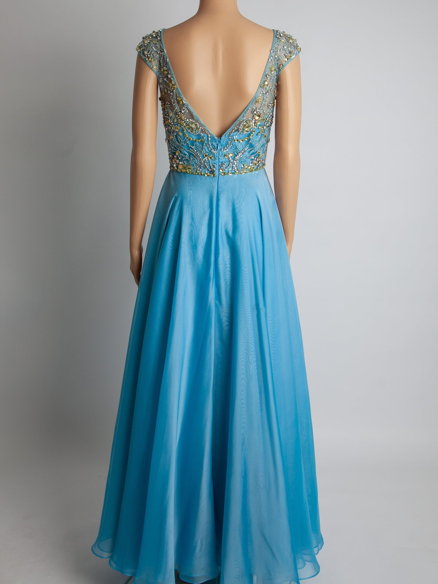 good sherri hill blue gown xs polyester with beadwork & cap sleeves