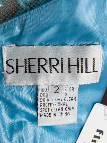 Good Sherri Hill Blue Gown XS Polyester with Beadwork & Cap Sleeves
