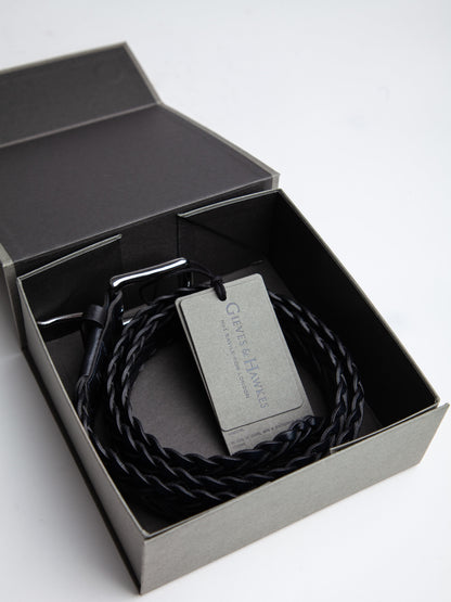 NEW Gieves and Hawkes Black Braided Leather Belt with Silver Buckle