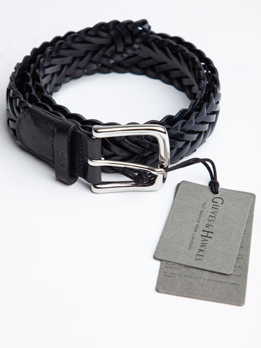 NEW Gieves and Hawkes Black Braided Leather Belt with Silver Buckle