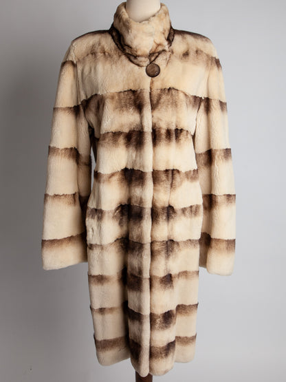 Excellent Scandinavia White Fur Coat with Horizontal Brown Stripes