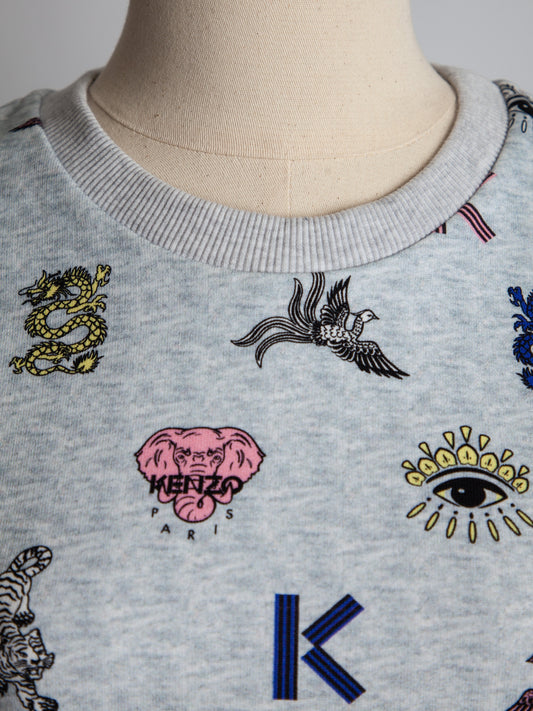 NEW Kenzo Gray Cotton Dress for Kids Size 12 with Colorful Print