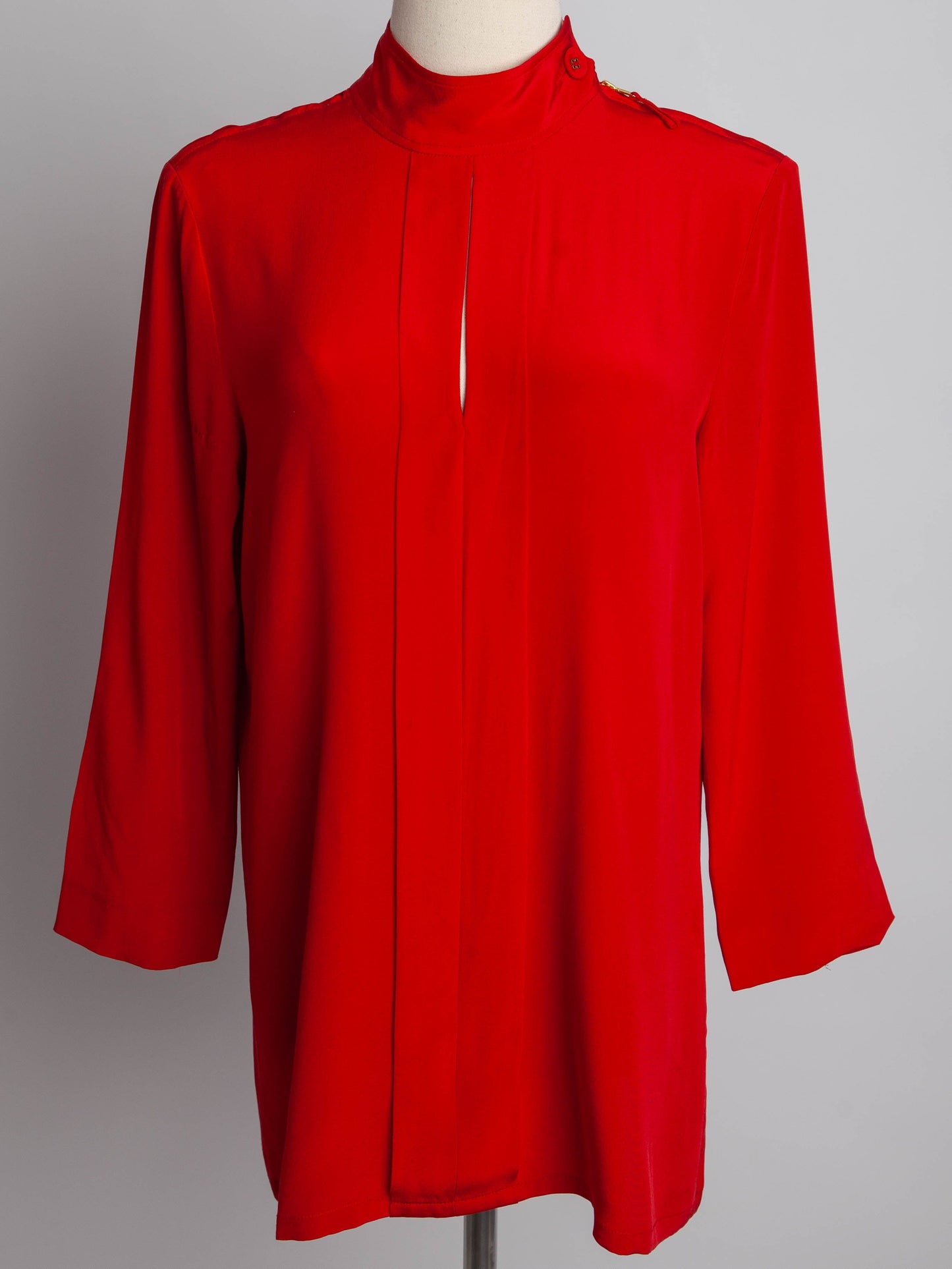 good jaeger red silk blouse size s with high collar and loose fit