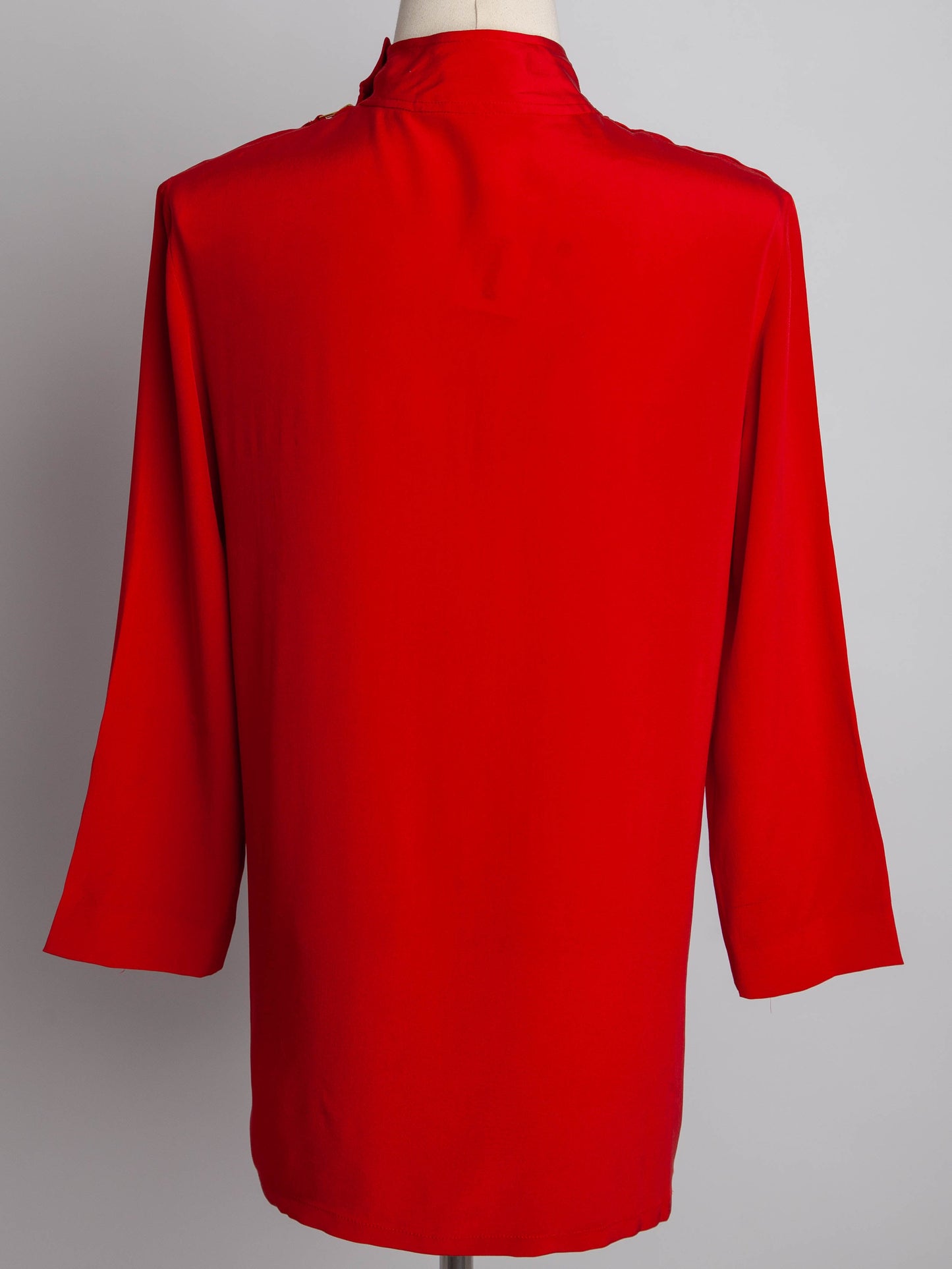 good jaeger red silk blouse size s with high collar and loose fit