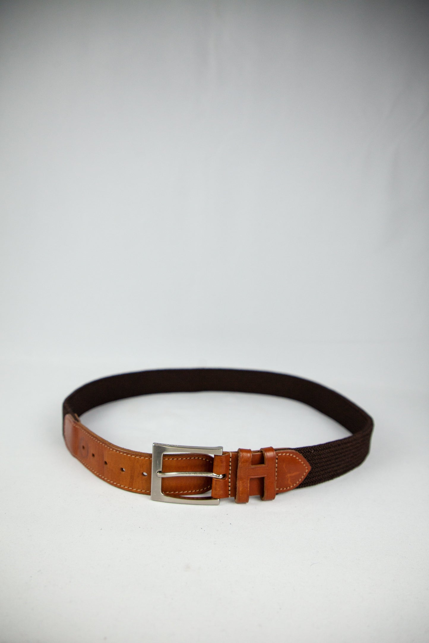 good hackett brown leather & fabric belt with silver buckle