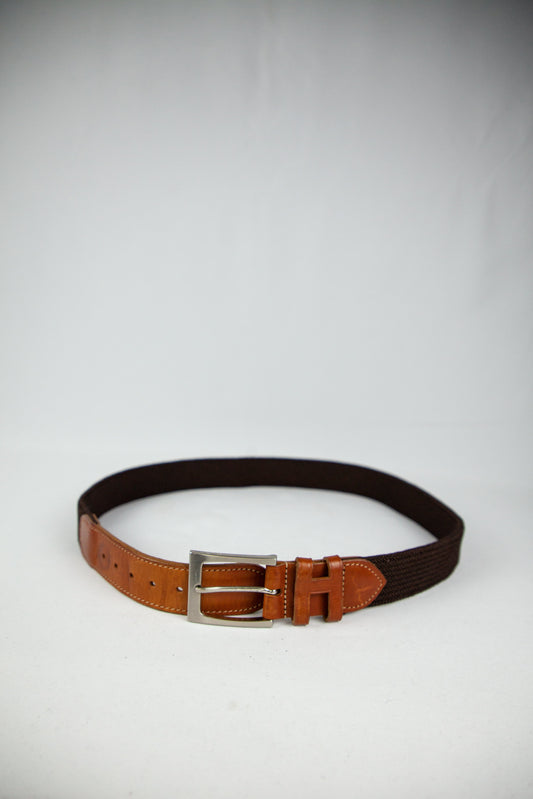 Good Hackett Brown Leather & Fabric Belt with Silver Buckle
