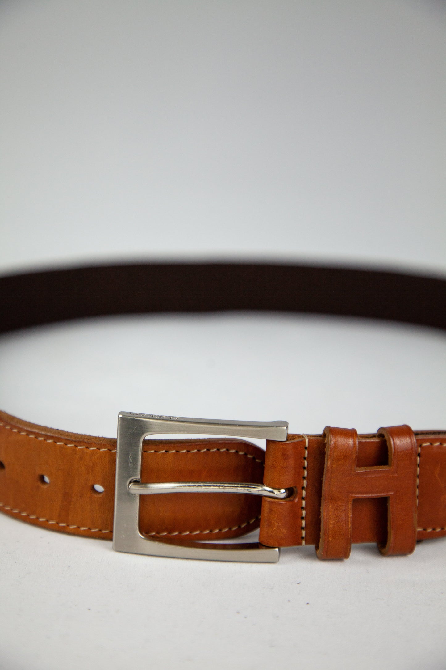 good hackett brown leather & fabric belt with silver buckle