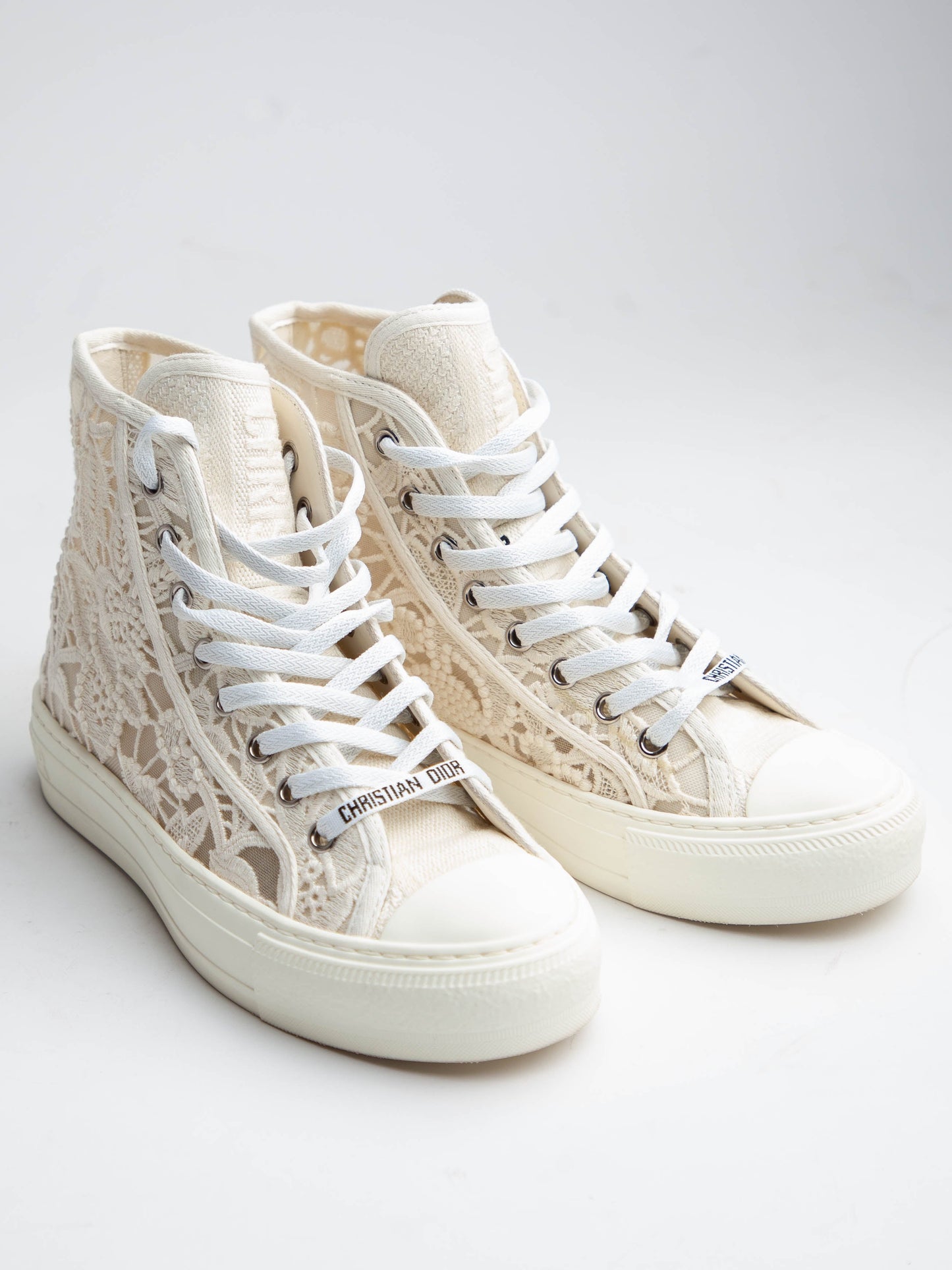 new dior high-top sneakers white textile lace details women
