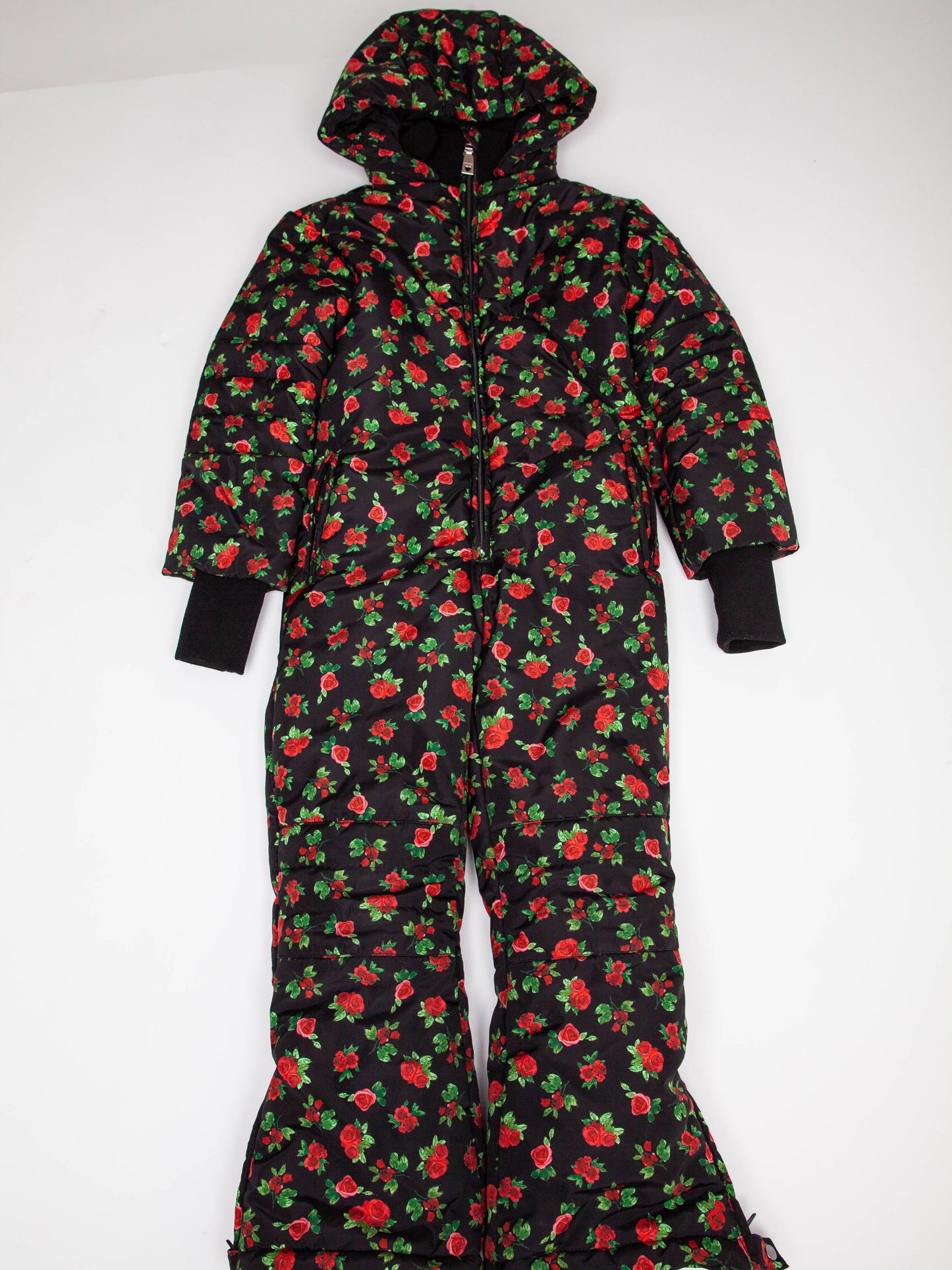 monnalisa black floral snowsuit for kids size 7 excellent condition