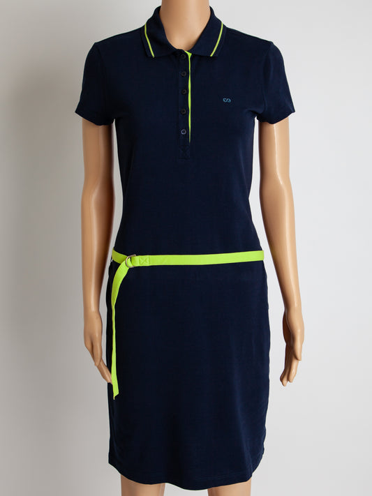 Good Escada Women's Navy Blue Polo Dress Size S with Lime Green Accents