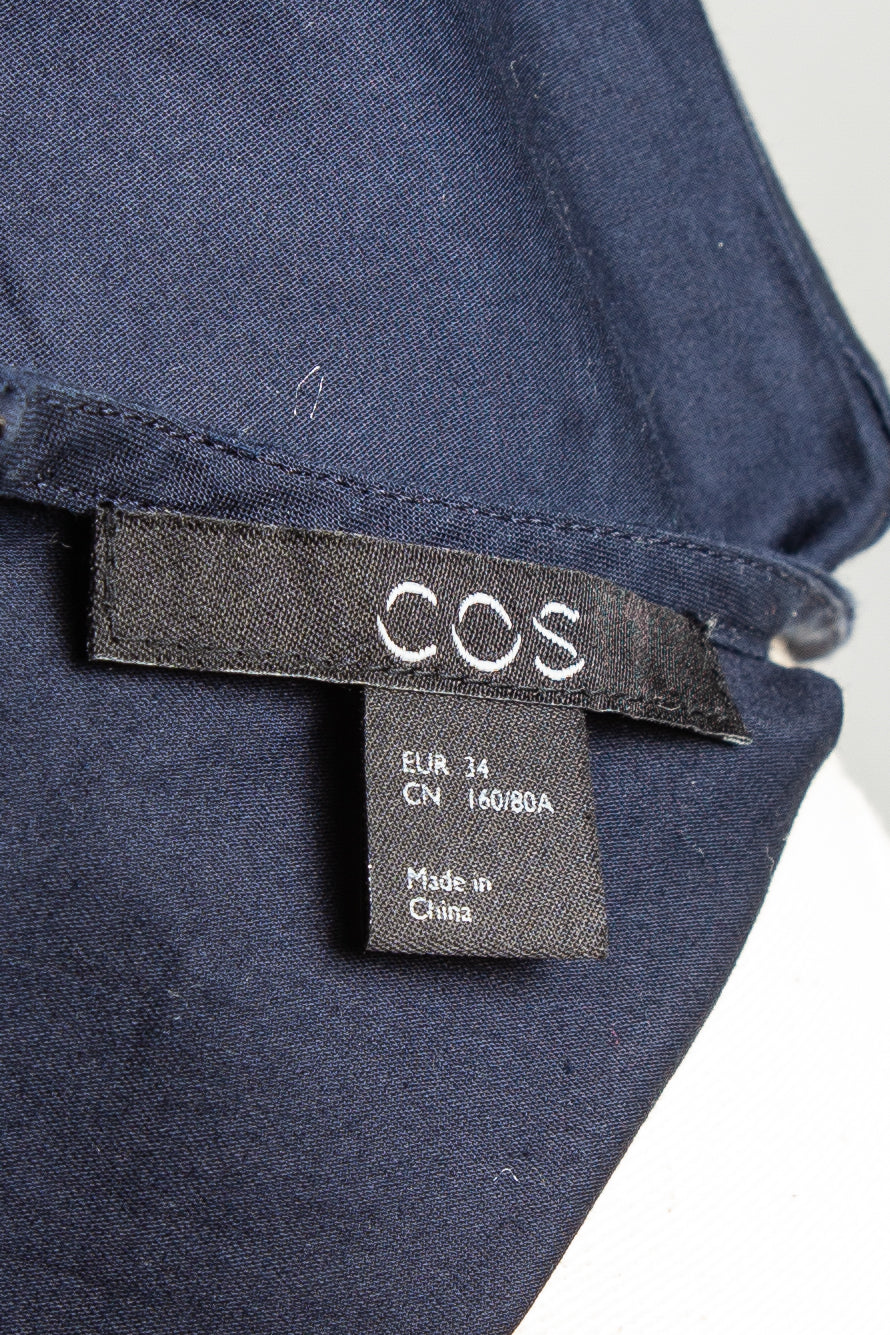 good cos blue cotton blouse size xs short sleeves ruched design