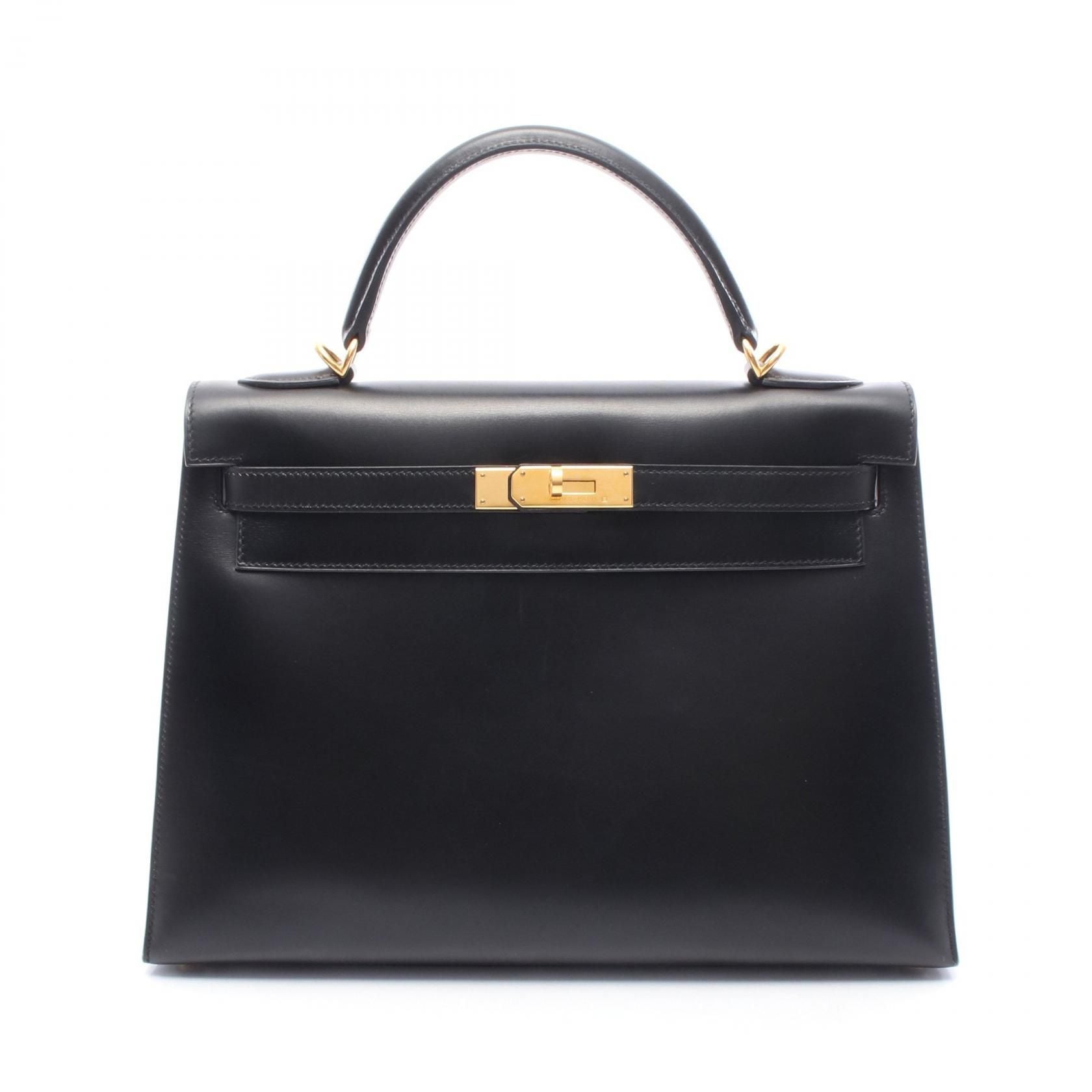 Hermes Kelly 32 Handbag Noir Black Box Calfskin Calfskin (cowhide)